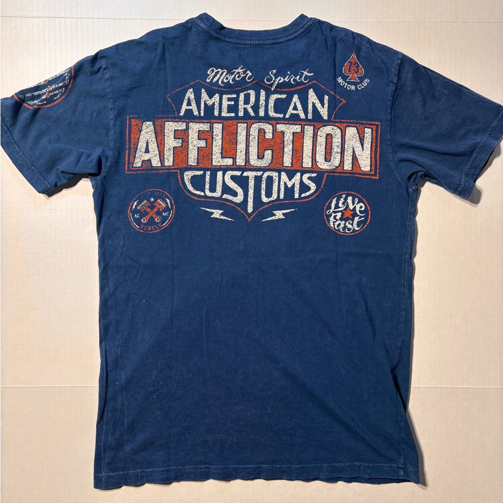 Vtg Affliction American Customs Indian Skull Choppers Y2K Blue Men’s Tshirt Sz M - Picture 7 of 8